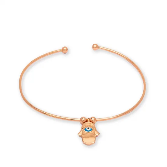 Hamsa Design with Tiny Evil Eye Wholesale Handmade Turkish Sterling Silver Cuff Bangle