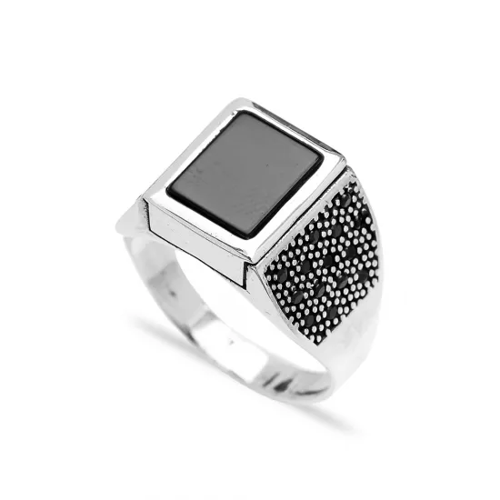 Turkish Onyx Square Beaded Signet Men 925 Silver Ring Turkish Onyx Square Beaded Signet Men 925 Silver Ring
