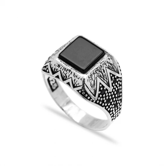 Turkish Onyx Square Zigzag Men 925 Sterling Silver Ring | 925 Sterling Silver Wholesale | Sade Silver Turkish Onyx Square Zigzag Men 925 Sterling Silver Ring - Sade 925 Silver Jewelry