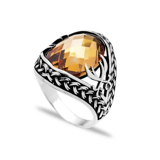 Amber Faceted Oval Leaf Men 925 Sterling Silver Ring