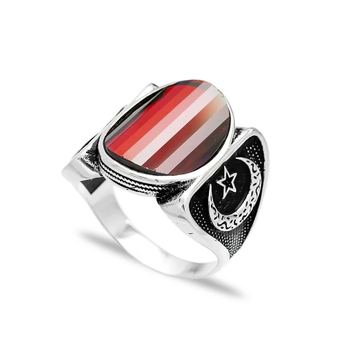 Red Oval Crescent Star Men 925 Sterling Silver Ring Red Oval Crescent Star Men 925 Sterling Silver Ring