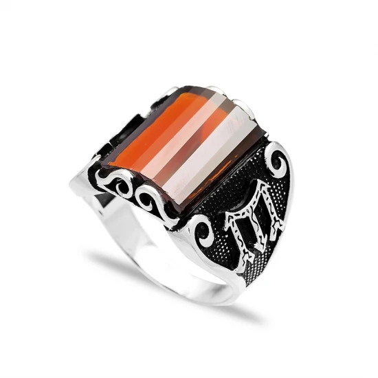 Orange Rectangle Calligraphy Men Sterling Silver Ring | 925 Sterling Silver Wholesale | Sade Silver Orange Rectangle Calligraphy Men Sterling Silver Ring - Sade 925 Silver Jewelry
