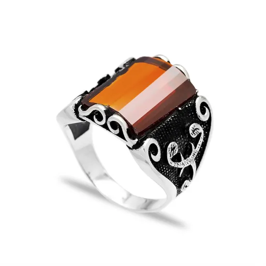 Orange Rectangle Calligraphy Men 925 Silver Ring