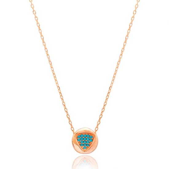 Turquoise Triangle Round Disc Sterling Silver Necklace | 925 Sterling Silver Wholesale | Sade Silver Turquoise Triangle Round Disc Sterling Silver Necklace - Sade 925 Silver Jewelry