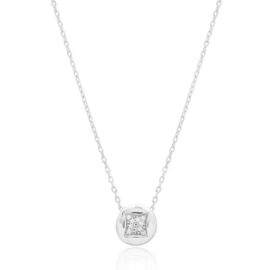 Clear Square Round Disc CZ 925 Sterling Silver Necklace