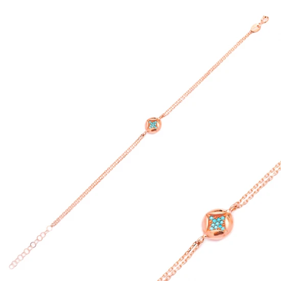 Turquoise Square Round Chain Sterling Silver Bracelet