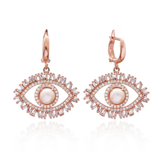 Turkish Evil Eye Baguette CZ Dangle Silver Earrings Turkish Evil Eye Baguette CZ Dangle Silver Earrings