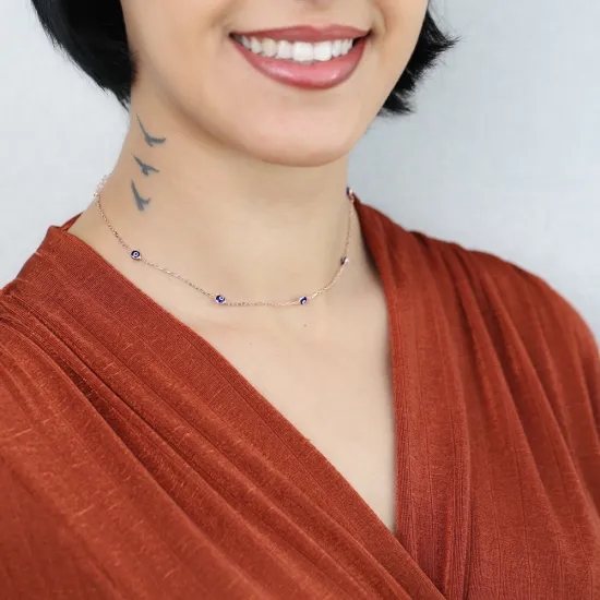 Turkish Mini Evil Eye Beaded Choker 925 Silver Necklace