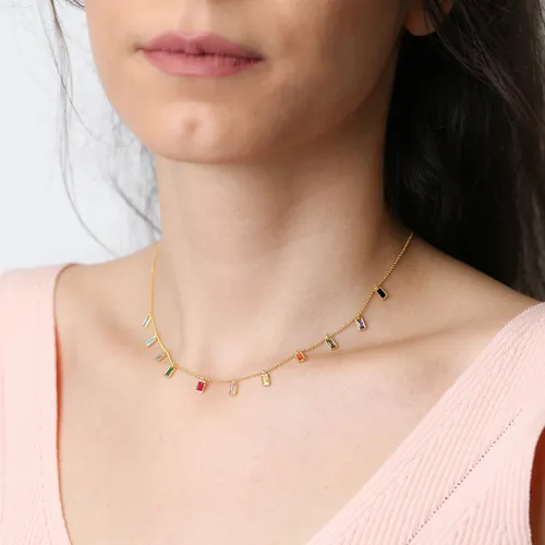 Multicolor Baguette Fringe CZ Sterling Silver Necklace