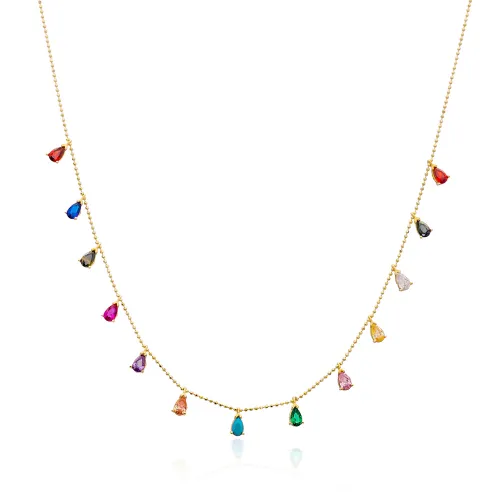 Multicolor Pear Drop Fringe CZ Sterling Silver Necklace