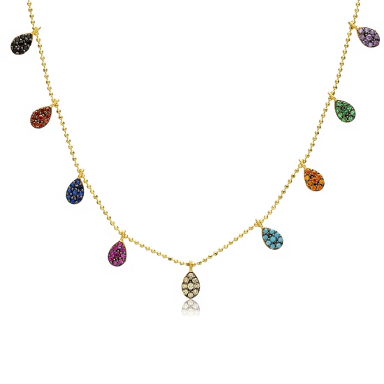 Multicolor Teardrop Fringe CZ Sterling Silver Necklace | 925 Sterling Silver Wholesale | Sade Silver Multicolor Teardrop Fringe CZ Sterling Silver Necklace - Sade 925 Silver Jewelry