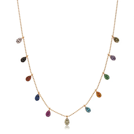 Multicolor Teardrop Fringe CZ Sterling Silver Necklace | 925 Sterling Silver Wholesale | Sade Silver Multicolor Teardrop Fringe CZ Sterling Silver Necklace - Sade 925 Silver Jewelry