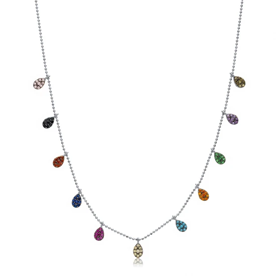 Multicolor Teardrop Fringe CZ Sterling Silver Necklace | 925 Sterling Silver Wholesale | Sade Silver Multicolor Teardrop Fringe CZ Sterling Silver Necklace - Sade 925 Silver Jewelry