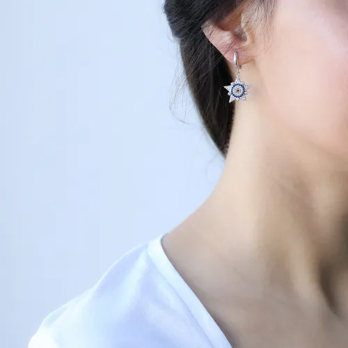 Turkish Evil Eye Sheriff Star Sterling Silver Earrings