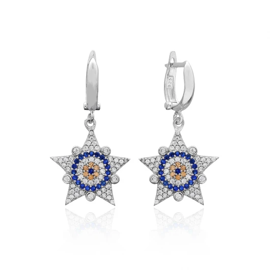 Turkish Evil Eye Sheriff Star Sterling Silver Earrings Turkish Evil Eye Sheriff Star Sterling Silver Earrings