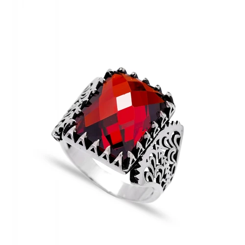 Red Cushion Pointed Men 925 Sterling Silver Ring