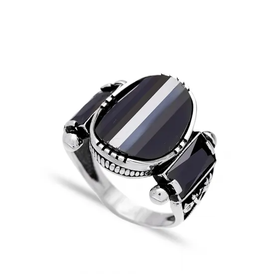 Black Oval Black Side Stone Men Sterling Silver Ring