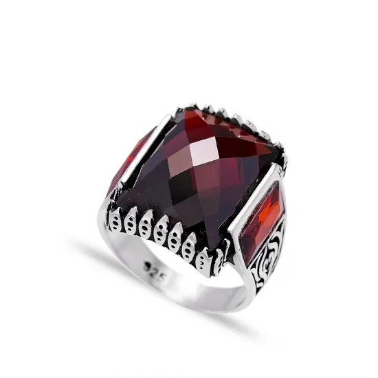 Red Cushion Three Stone Men 925 Sterling Silver Ring Red Cushion Three Stone Men 925 Sterling Silver Ring