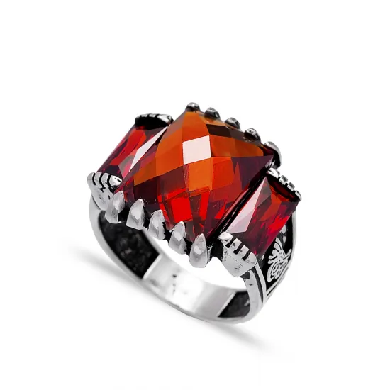 Orange Cushion Three Stone Men 925 Sterling Silver Ring