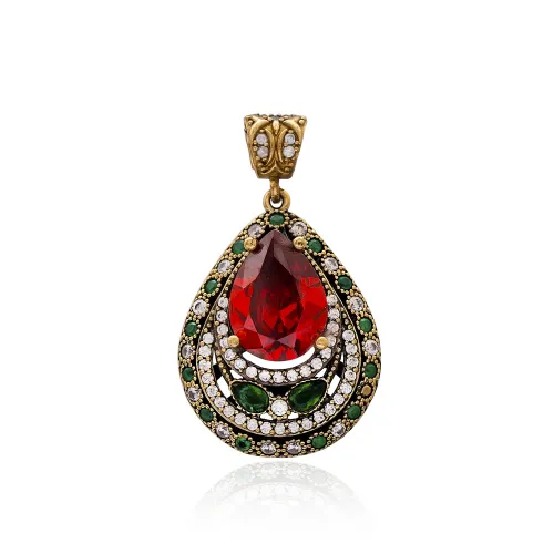 Red Green Pear Tiered Halo CZ Sterling Silver Necklace
