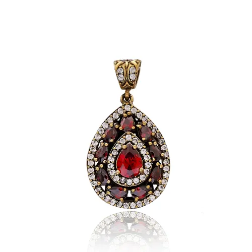 Red Pear Tiered Halo CZ 925 Sterling Silver Necklace