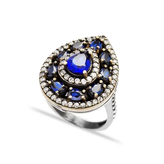 Blue Pear Concentric Halo CZ 925 Sterling Silver Ring