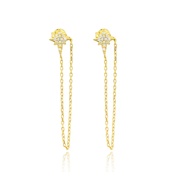 Turkish Push Back Ear Thread Chain 925 Silver Earrings Turkish Push Back Ear Thread Chain 925 Silver Earrings