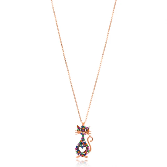 Turkish Colorful Cat And Heart Sterling Silver Pendant | 925 Sterling Silver Wholesale | Sade Silver Turkish Colorful Cat And Heart Sterling Silver Pendant - Sade 925 Silver Jewelry