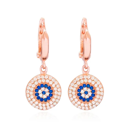 Turkish Evil Eye Round Dangle Sterling Silver Earrings