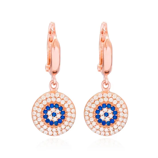 Turkish Evil Eye Round Dangle Sterling Silver Earrings