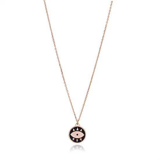 Turkish Minimalist Black Enamel Evil Eye Silver Pendant