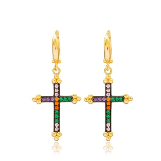Turkish Rainbow Cross Dangle Sterling Silver Earrings Turkish Rainbow Cross Dangle Sterling Silver Earrings