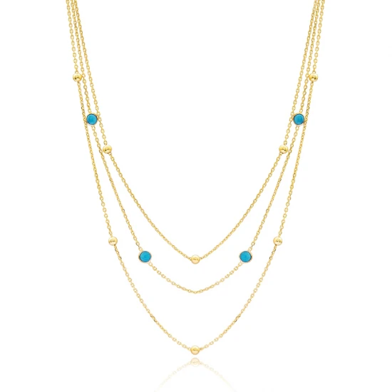 Turquoise Triple Layer Chain Sterling Silver Necklace - Sade 925 Silver Jewelry