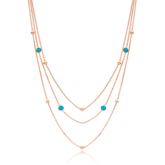 Turquoise Triple Layer Chain Sterling Silver Necklace - Sade 925 Silver Jewelry