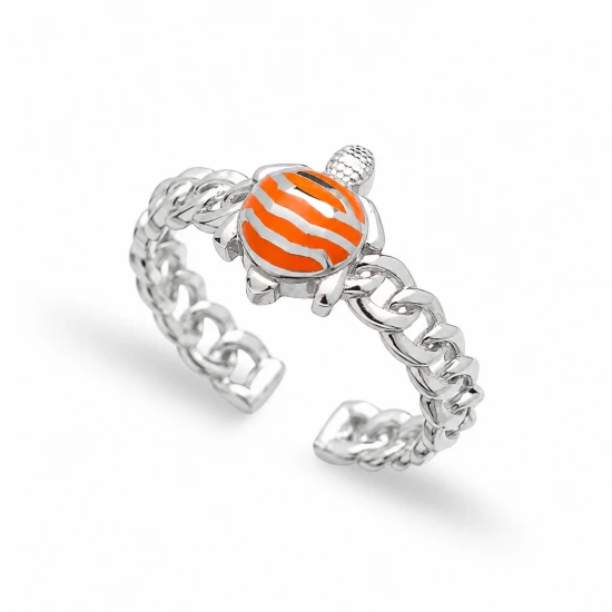 Turkish Orange Turtle Adjustable Sterling Silver Ring - Sade 925 Silver Jewelry