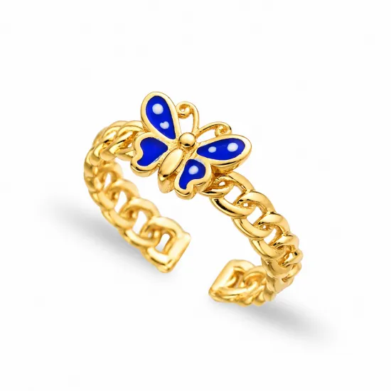 Turkish Blue Enamel Butterfly Adjustable Silver Ring
