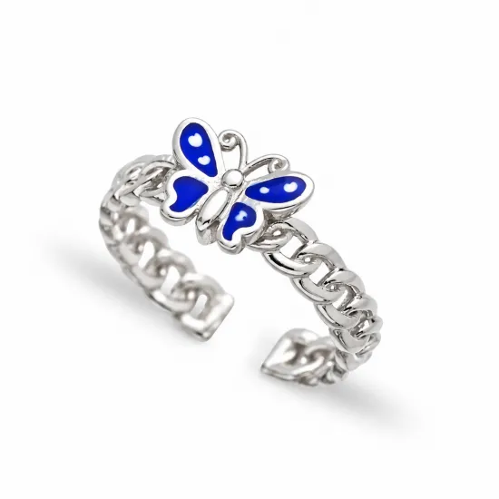 Turkish Blue Enamel Butterfly Adjustable Silver Ring