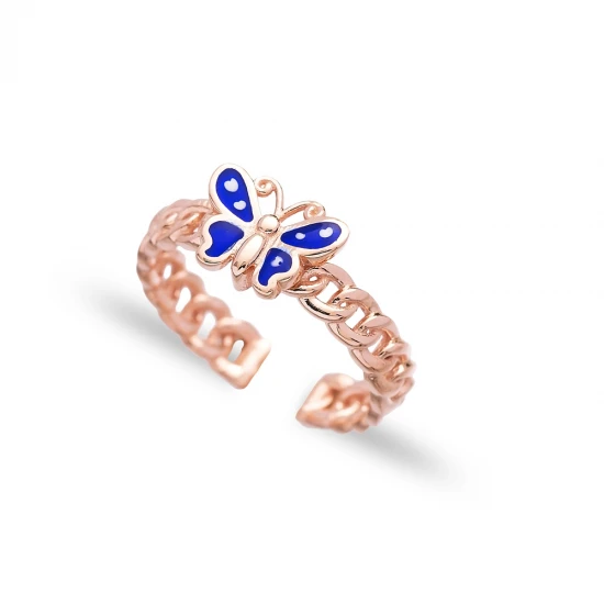 Turkish Blue Enamel Butterfly Adjustable Silver Ring | 925 Sterling Silver Wholesale | Sade Silver Turkish Blue Enamel Butterfly Adjustable Silver Ring - Sade 925 Silver Jewelry
