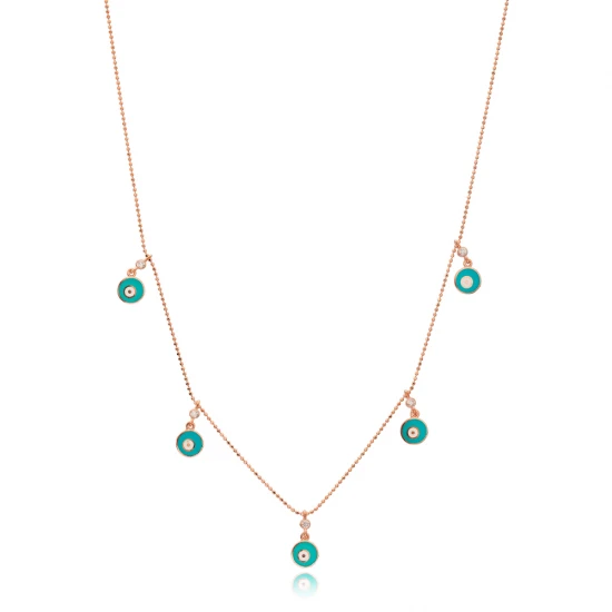 Turkish Turquoise Enamel Round Sterling Silver Necklace | 925 Sterling Silver Wholesale | Sade Silver Turkish Turquoise Enamel Round Sterling Silver Necklace - Sade 925 Silver Jewelry