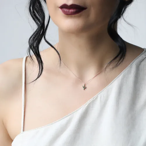 Turkish Emerald Minimal Cactus Sterling Silver Necklace