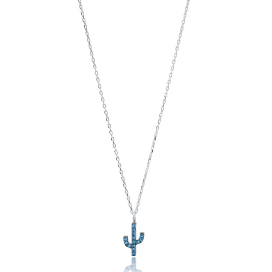 Turkish Aquamarine Minimal Cactus 925 Silver Necklace Turkish Aquamarine Minimal Cactus 925 Silver Necklace
