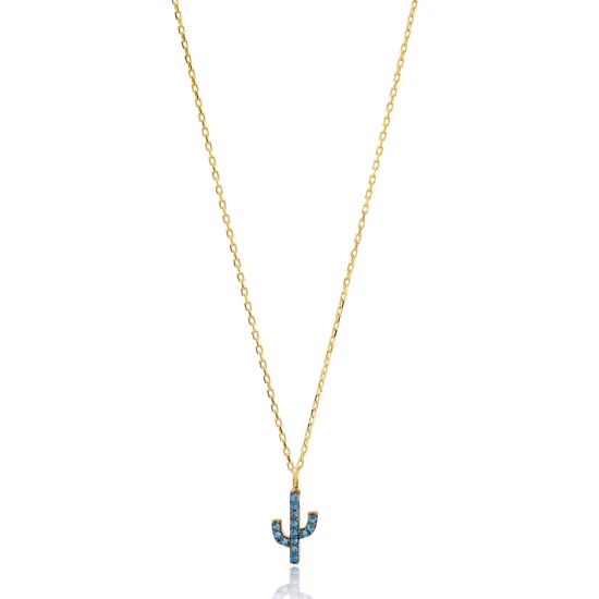 Turkish Aquamarine Minimal Cactus 925 Silver Necklace Turkish Aquamarine Minimal Cactus 925 Silver Necklace