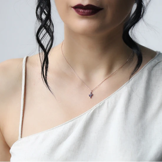 Turkish Sapphire Minimal Cactus 925 Silver Necklace