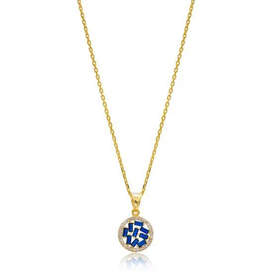 Sapphire Baguette Zircon Gold Plated Necklace Handmade Wholesale 925 Silver Sterling Jewelry Sapphire Baguette Zircon Gold Plated Necklace Handmade Wholesale 925 Silver Sterling Jewelry