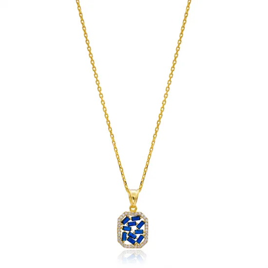 Turkish New Sapphire Baguette Sterling Silver Necklace