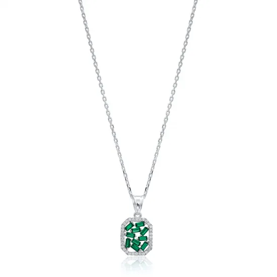 Turkish Emerald Baguette New Sterling Silver Necklace
