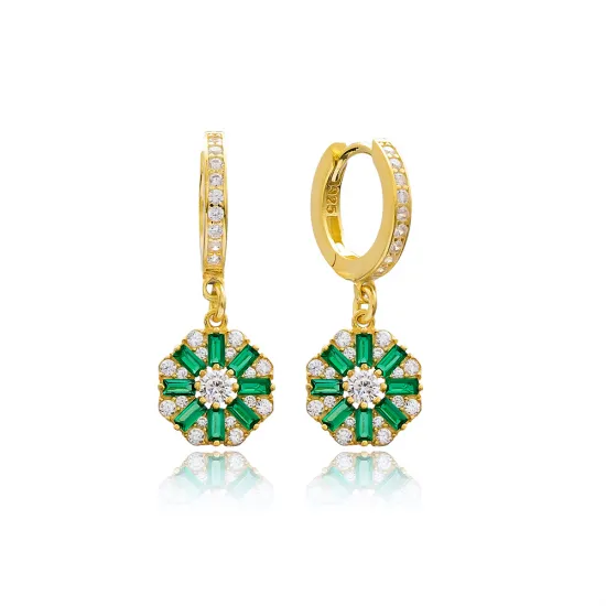 Flower Design Emerald Stone 925 Sterling Silver Wholesale Turkish Dangle Earring Flower Design Emerald Stone 925 Sterling Silver Wholesale Turkish Dangle Earring