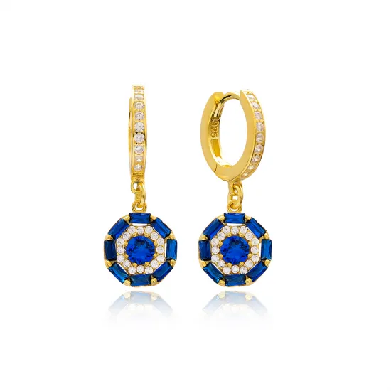 Turkish Dainty Sapphire Baguette Dangle Silver Earrings Turkish Dainty Sapphire Baguette Dangle Silver Earrings