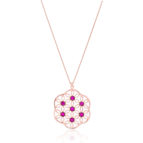 Ruby Round Pattern 925 Sterling Silver Necklace