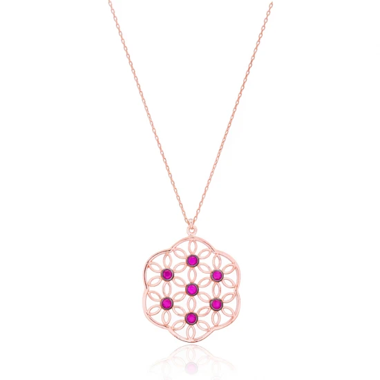 Ruby Round Pattern 925 Sterling Silver Necklace - Sade 925 Silver Jewelry